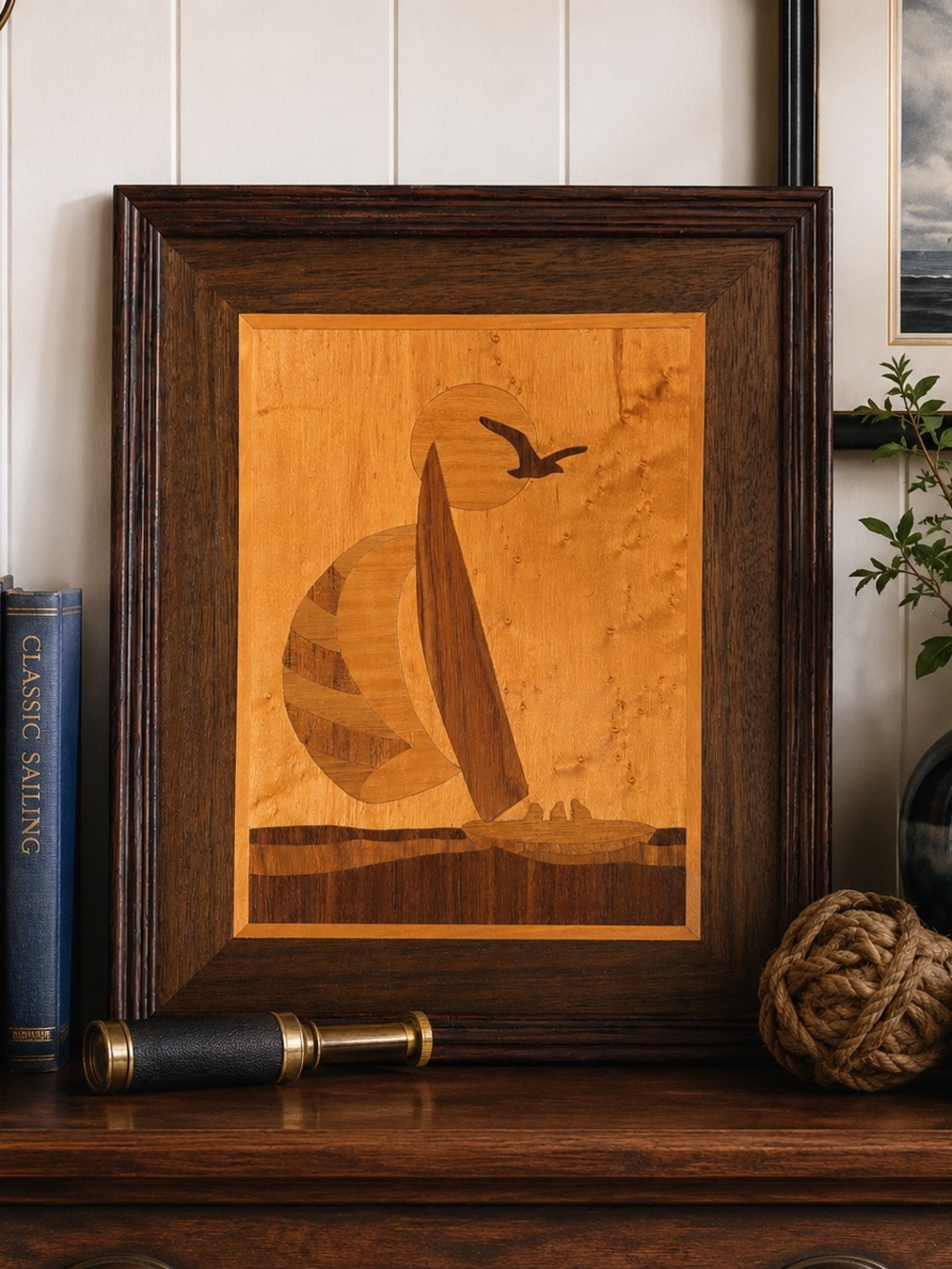 Vintage Wood Marquetry Sailboat Art - Framed Nautical Inlay Picture 12”x15”